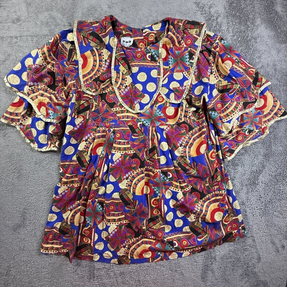 FAD Vtg 80s Womens XL Egyptian Pharaoh Art Print Blouse Tiered Sleeve Top - Picture 1 of 9